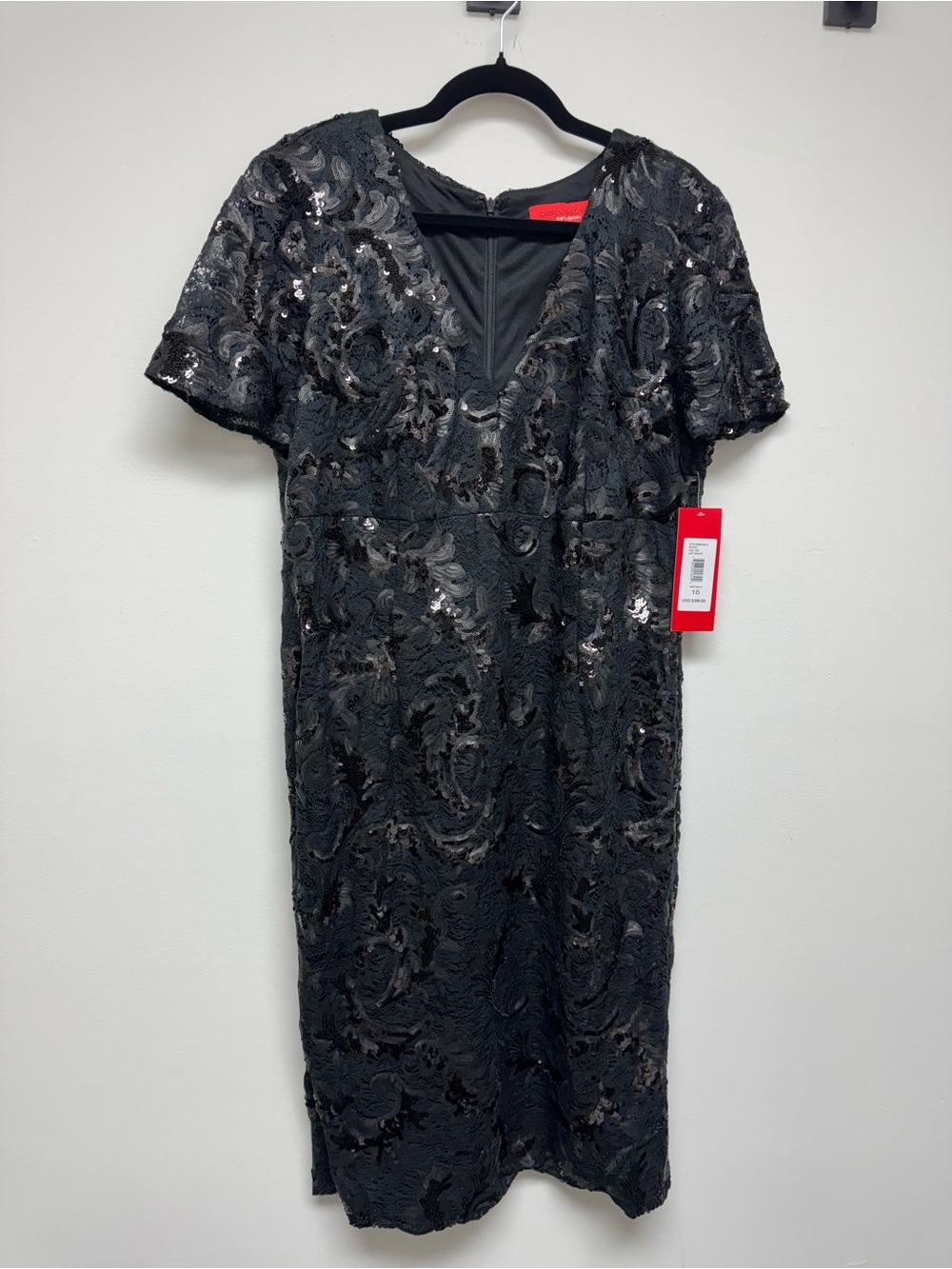 Carmen Marc Valvo Black Sequin V-Neck Midi Dress  size 16 NWT